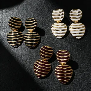 Vintage striped enamel heart drop earrings geometric metal dangle earrings detail display