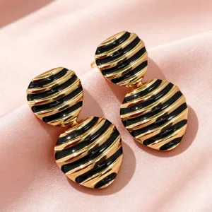 Vintage gold black striped enamel drop earrings retro french design elegant jewelry for women