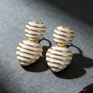 Vintage French style gold and white striped heart and round enamel drop stud earrings detail