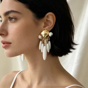 Vue detaillee de boucles d'oreilles retro carrees elegantes avec pampilles blanches.
