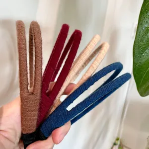 Close-up detail shot of double strand yarn wrapped headbands, multi-color versatile hair hoops.