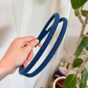 Dark blue double-strand yarn wrapped headband detail, casual daily hair accessory fashion.