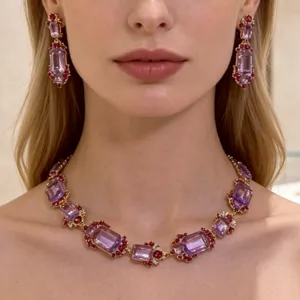 Vintage court style heavy purple crystal necklace earrings set luxury baroque fashion jewelry