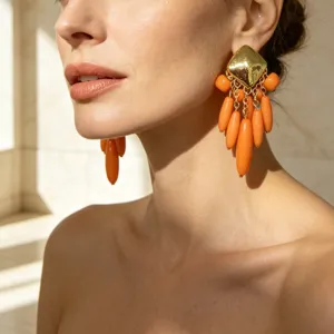 Superbes boucles d'oreilles rétro avec clous dorés et pendentifs en résine orange vive.