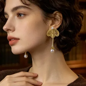 Gros plan détaillé de boucles d'oreilles en or filigrané avec de superbes perles.