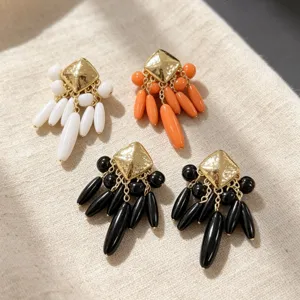 Gros plan de boucles d'oreilles rétro avec perles suspendues en forme de goutte d'eau.