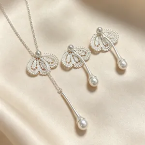 Gros plan sur l'ensemble collier pendentif et boucles d'oreilles en dentelle nacrée.