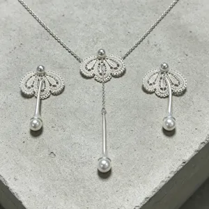Ensemble collier et boucles d'oreilles fleur dentelle perle, détail bijoux argentés.