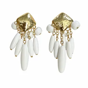 Vintage Or Forme De Diamant Blanc Perles Goutte Boucles D'oreilles Élégante Fête Bijoux