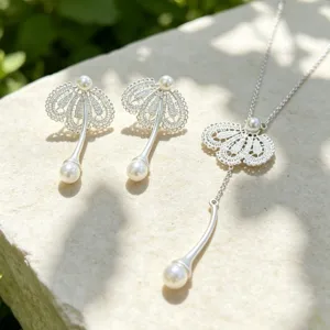 Ensemble de boucles d'oreilles et collier en perles de dentelle, détail argenté.