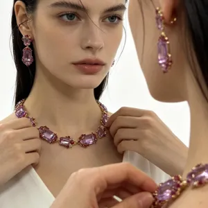 Vintage purple crystal necklace and earrings set, elegant court style jewelry detail.
