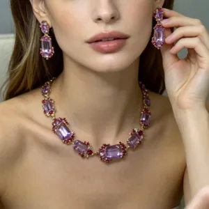 Exquisite vintage court-style purple crystal necklace and earrings jewelry set for women.
