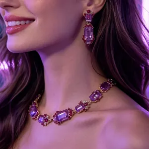 Vintage purple crystal necklace and earrings set, elegant palace style detail view.