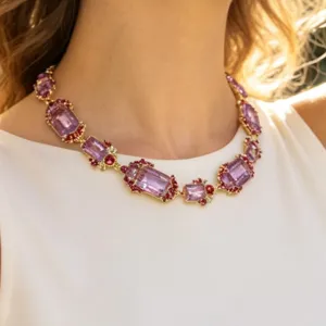 Close-up detail of vintage court style crystal rhinestone statement collar necklace jewelry.