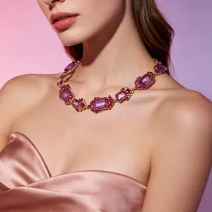 Close-up view of vintage court-style purple crystal necklace with red stone accents.