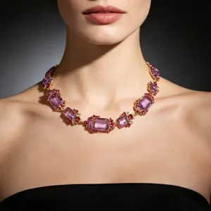Vintage court style heavy purple crystal necklace, retro gemstone clavicle chain for women