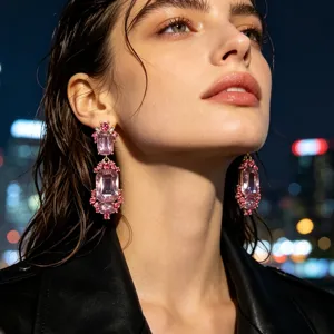 Vintage court style crystal dangle earrings for women, retro pink gemstone luxury ear jewelry.