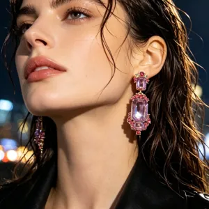 Close-up detail shot of vintage crystal drop earrings, baroque palace style design jewelry.