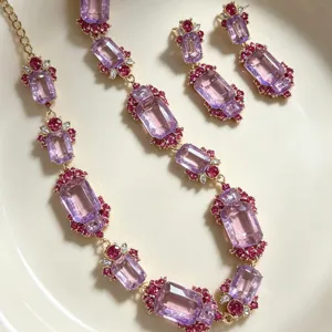 Vintage crystal necklace earrings set retro court style purple gemstone jewelry for women