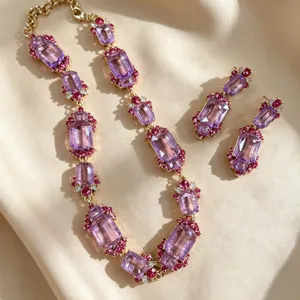 Vintage palace style purple crystal necklace earrings set gold tone costume jewelry