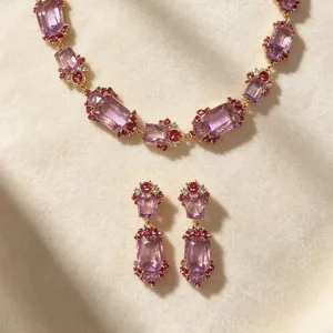 Vintage purple crystal necklace earrings set, royal style luxury jewelry for women detail