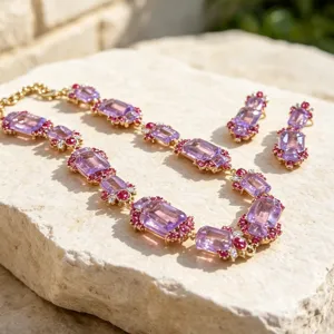 Vintage palace style purple crystal necklace earrings set, elegant gold tone jewelry gift.