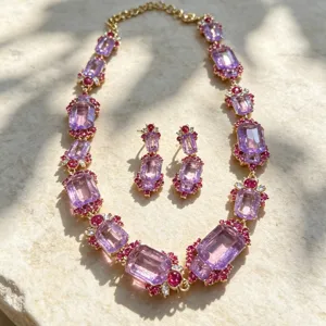 Vintage crystal necklace earrings set purple rhinestone court style jewelry accessory