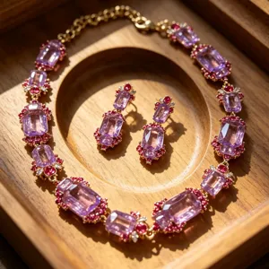 Vintage Court Style Purple Crystal Necklace Earrings Set Elegant Women Jewelry Main View