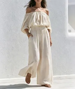 Casual off-shoulder linen wide-leg jumpsuit for women, loose waist stylish elegant outfit.