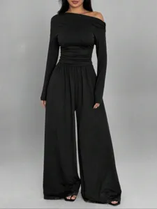 Women's Sexy Off Shoulder Long Sleeve Jumpsuits Wide Leg Long Pants Solid Color Knitted One Piece Outfits Fashion Jumpsuit