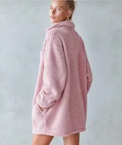 Cozy pink fleece pullover dress featuring a stand collar and long sleeves for casual daily wear.