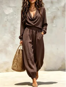 Women Casual Cowl Neck Long Sleeve Top And Lantern Pants Two Piece Set Autumn Solid Color Fashion Co-ord Suit
