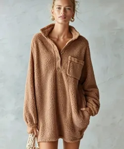 Brown fleece teddy dress with stand collar, half-zip design, and cozy long sleeves.
