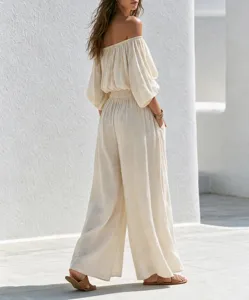 Beige linen off-shoulder top wide leg jumpsuit set detail view for women autumn fashion.