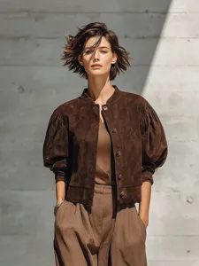 Dames Suède Jasje Gerimpeld Slim Fit Opstaande Kraag Enkele Rij Knoppen Lange Mouw Geweven Korte Mantel Effen Kleur Herfst Winter