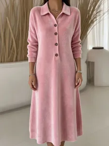 Pink velvet lapel long sleeve maxi dress detail, elegant casual winter fashion clothing.