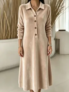 Women casual velvet long sleeve collared button down midi dress winter fashion outfit