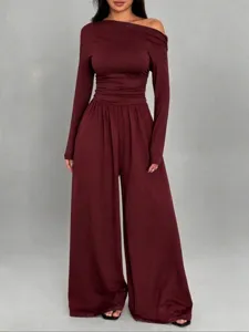 Burgundy off-the-shoulder long sleeve wide leg jumpsuit for women fashion casual wear