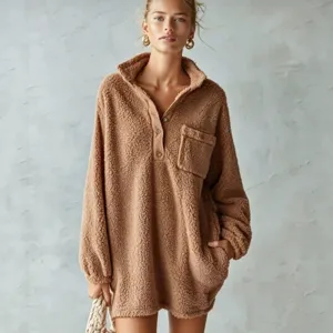 Women Sherpa Fleece Dress Stand Collar Half Buttoned Long Sleeve Loose Warm Thickened Mini Dress Solid Color Casual Fashion