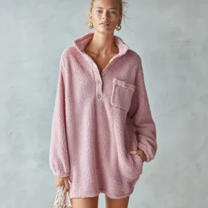 Women pink sherpa fleece pullover mini dress long sleeve casual stand collar winter outfit