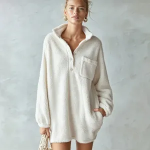 Women Fleece Half Zip Pullover Dress Long Sleeve Stand Collar Casual Winter Mini Dress White