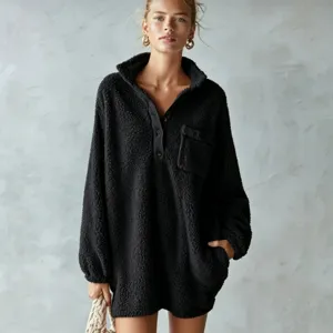 Thickened sherpa fleece mini dress with half zip stand collar and long sleeves for women.