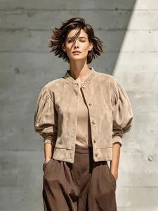 Gedetailleerd overzicht van dames casual mode suède pofmouw slanke plooijackjas.