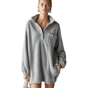 Women's Grey Sherpa Fleece Long Sleeve Oversized Pullover Dress Casual Half Snap Sweatshirt