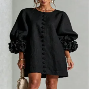 Chic black lantern sleeve dress for women featuring elegant 3D floral details and french style.