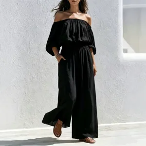 Black off-the-shoulder wide-leg linen jumpsuit for women, elegant casual summer outfit.