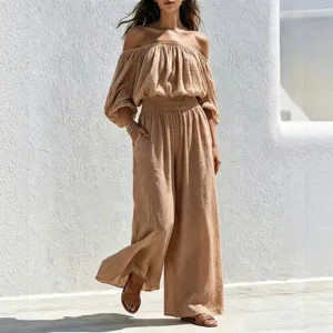 Stylish casual off-the-shoulder linen top and wide-leg pants set for women's daily autumn wear.