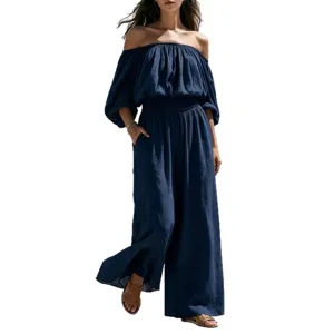 Women off shoulder linen wide leg jumpsuit casual loose long pants romper outfit main view