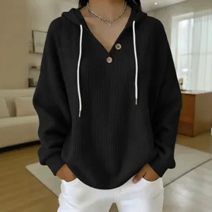 Black waffle knit hoodie for women, casual V-neck drawstring long sleeve pullover top.
