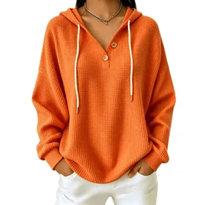 Casual waffle knit hoodie for women, stylish long sleeve drawstring hooded pullover top.